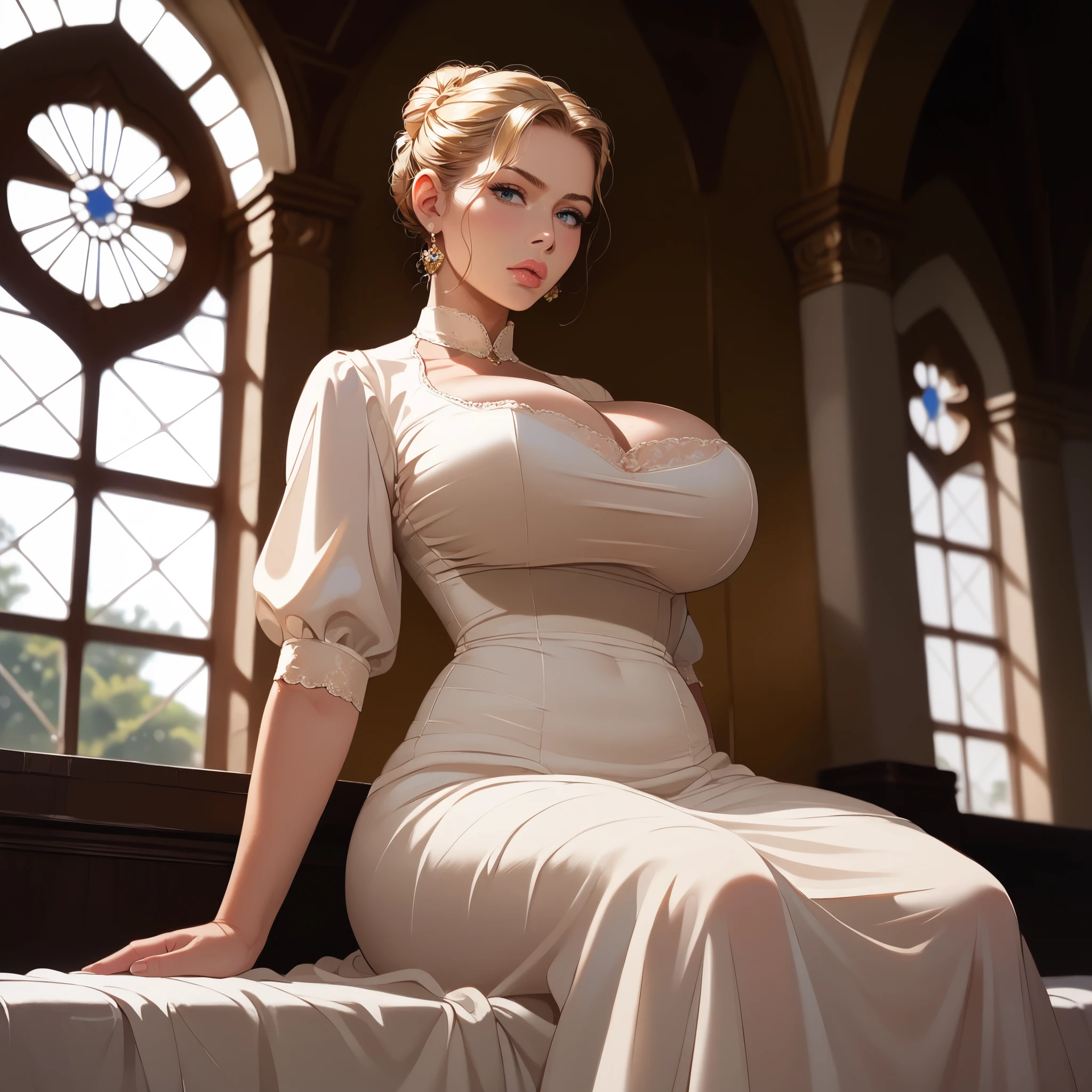 A woman wearing a white dress with silver details on the dress, blonde hair, blue eyes, in a tower of a sophisticated medieval castle, open tower overlooking a large open field and a sea in the distance, smiling, big breasts,, HDR , ultra resolution, very detailed, masterpiece, HD 8K, (solo, just one girl)
