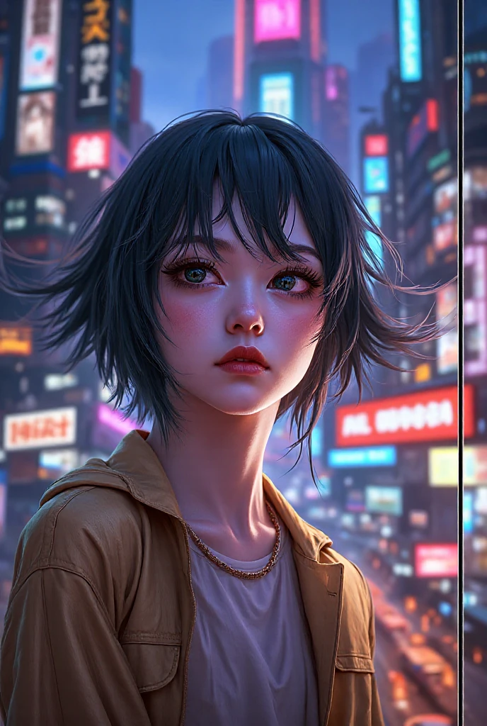 1girl, jacket, rain, outdoor, hoodie, open jacket, chain, backpack, looking at another, messy hair, trending on artstation, 8k resolution, highly detailed, anatomically correct, sharp image, digital painting, concept art, trending on pixiv, style of makoto shinkai,