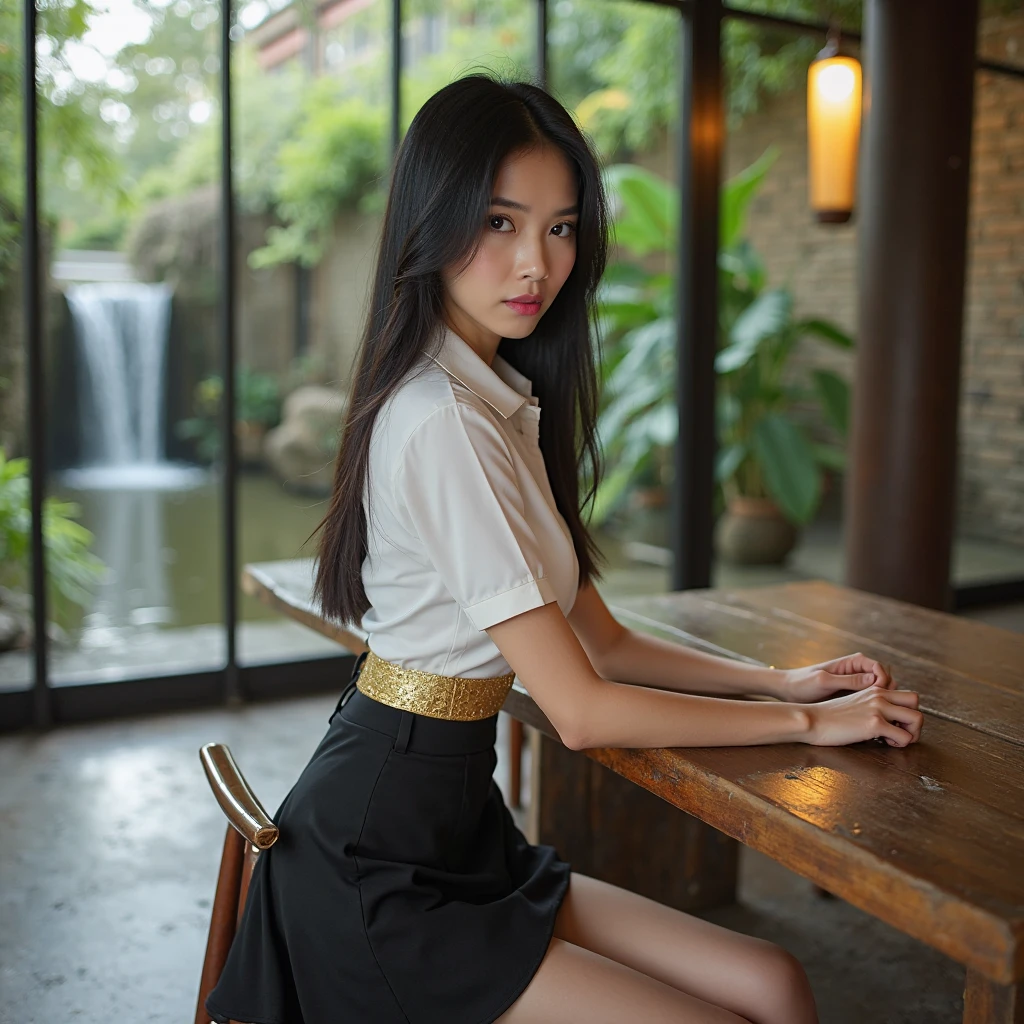 18s woman in thai university uniform, very beautiful, pretty, wet long straight hair, white wet plain short-sleeve button up shirt:1.4, black wet bra:1.3, black wet tight mini skirt:1.2, brown belt, masterpiece:1.2, high detail,