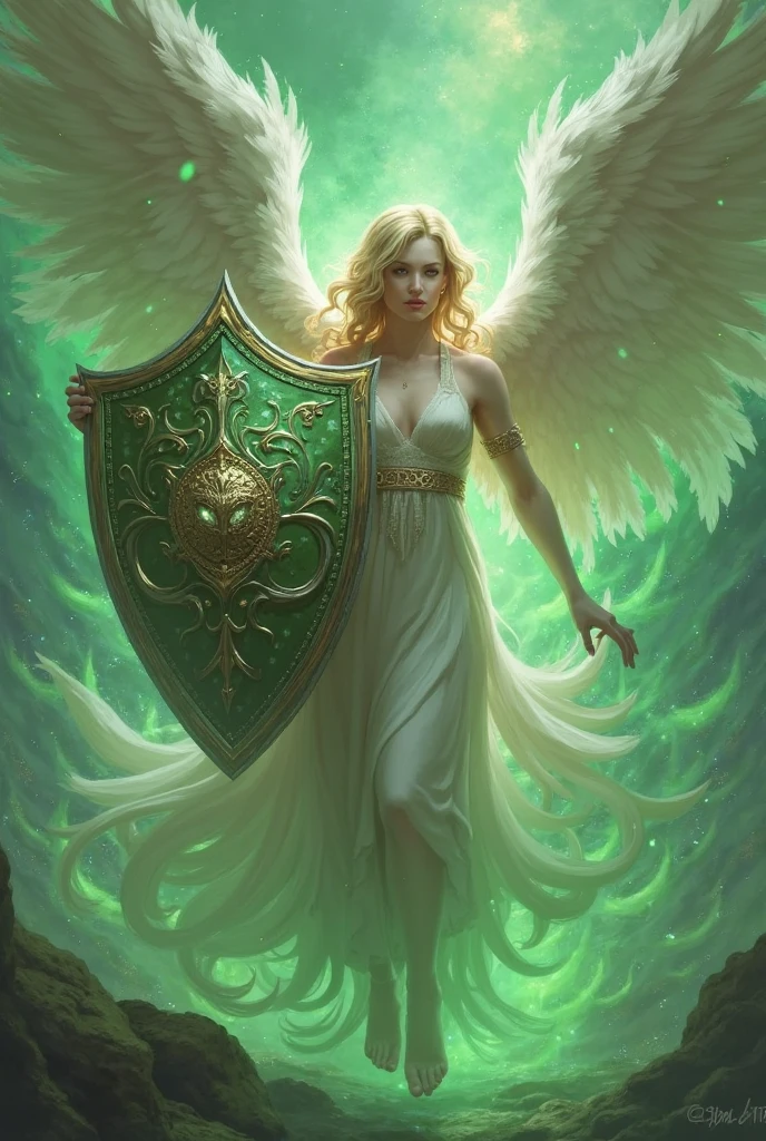 Guild logo with a cartoon drawing of a beautiful warrior woman posing holding a golden knife with both hands and with long white wings and long white hair and golden clothes and the name SHARP GIRLS large in front of her legs 
