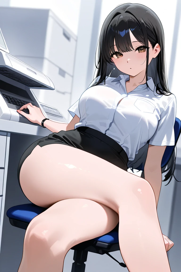 ((Highest quality, masterpiece, freak, Super Resolution)), 1 Girl,Sit on a chair、 Spread your legs、blush、from the front、Black hair straight、Listen carefully、Office Suits、Tight mini skirt、Pink lace panties、 Put your fingers inside your panties、Ahegao、Masturbation