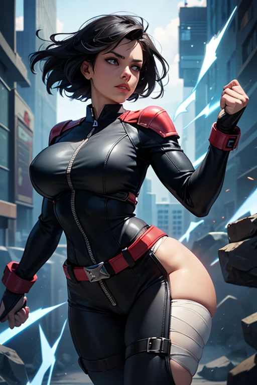 A modern-day warrior woman draped in her country's flag, standing atop a hill with a cityscape below, the scene rendered in dramatic lighting that emphasizes her strength and the dynamic composition of the patriotic theme.