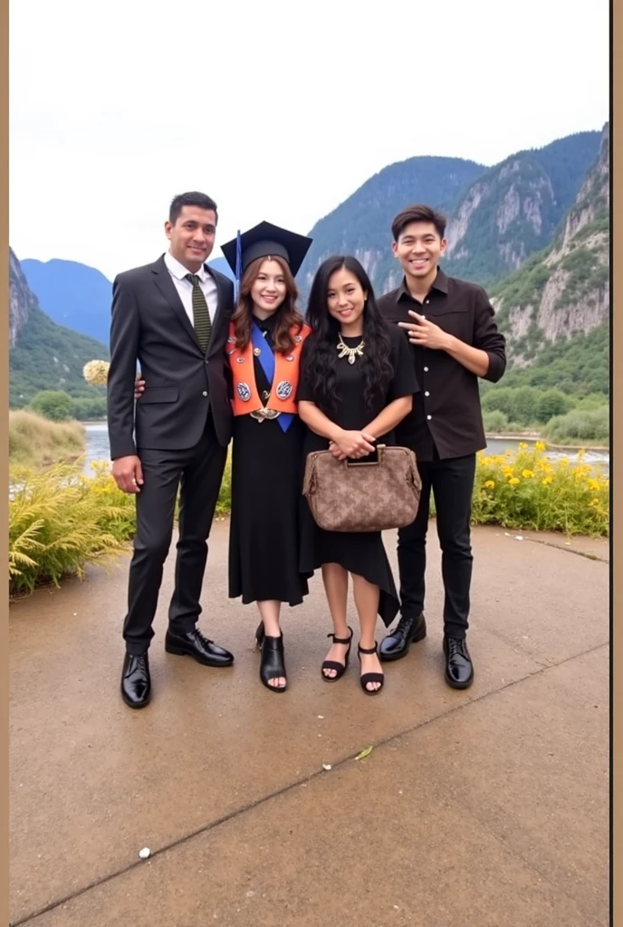 A woman in a robe stands next to a man in a suit...., graduation photo, Wear a school uniform...., full protrait, Photoshot, a portrait photo, Portrait of two people, professional foto, with ivy, Double fire.love, portrait shot, Double fire., protrait, Professionally beautiful pictures, ruan jia and brom, vertical