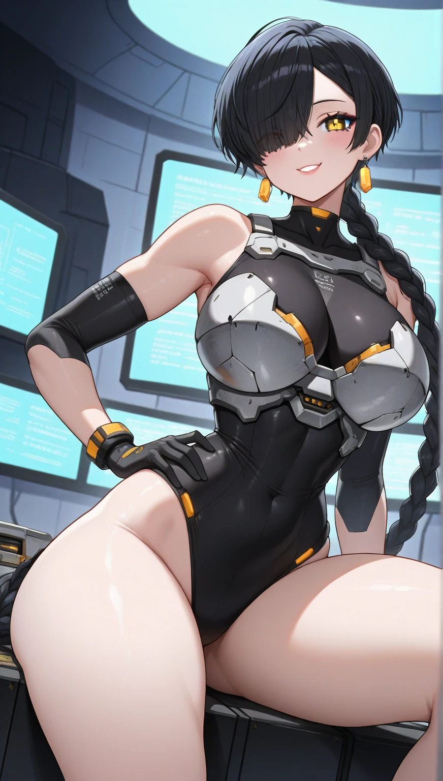 1 girl, high quality, bob hair, black hair, forehead, green eyes, medium breasts, white leotard,(straps on thighs), thick thighs, simple background, high gloves, stockings, cameltoe, cat tail, cat ears,((thong)), (lace:1.2), nipples