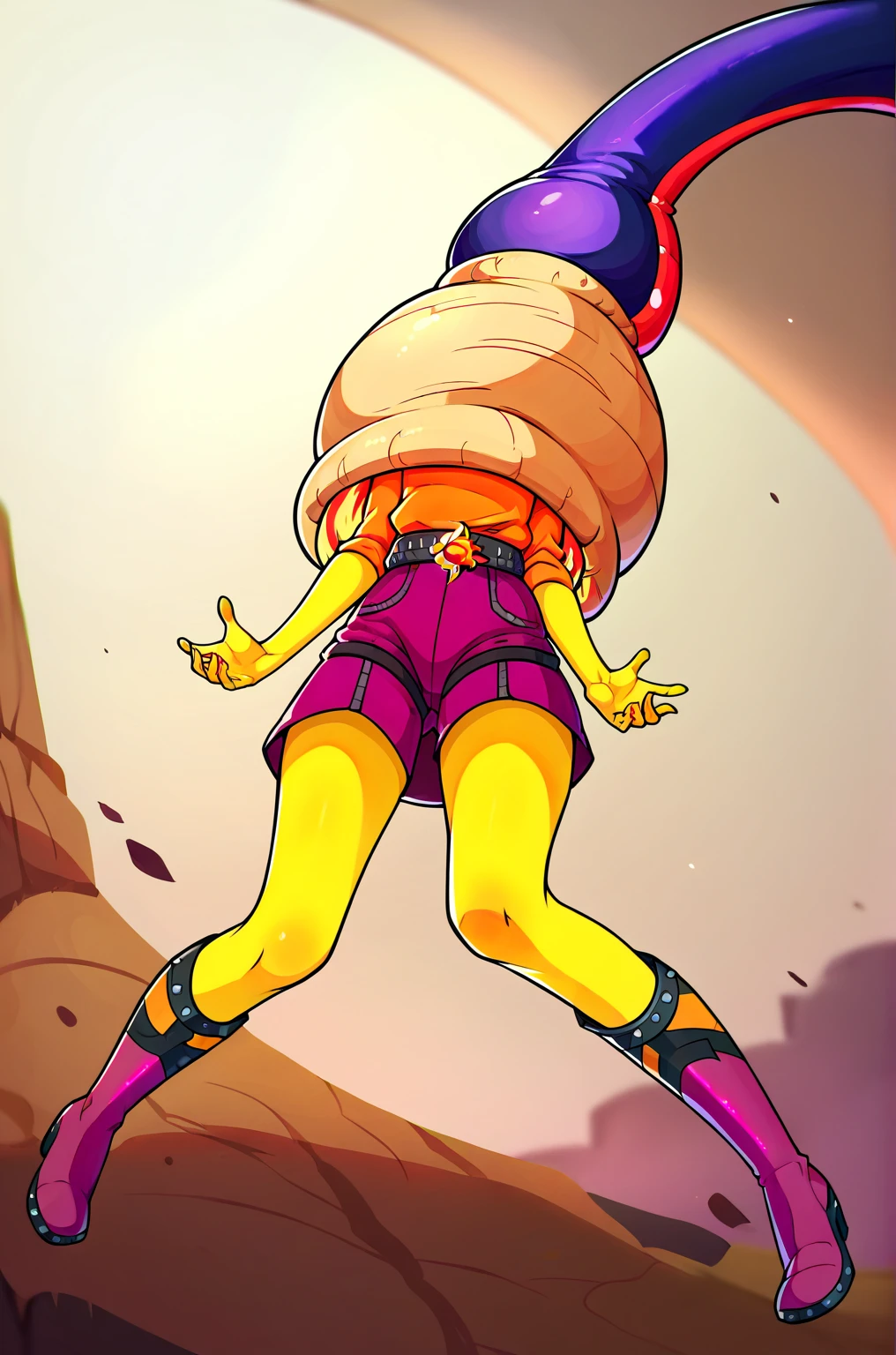 a beautiful and detailed image of curly brace wearing a tank top and pants, belt, standing outside in on top of a mountain, mountains, cliffs, rivers, waterfalls,flowers, smile, ((barefoot)),white skin,blue eyes,((robot joints)),((robot)),detailed background, butterflies, solo,blushing, clothed, clouds, (large breasts:1.6)