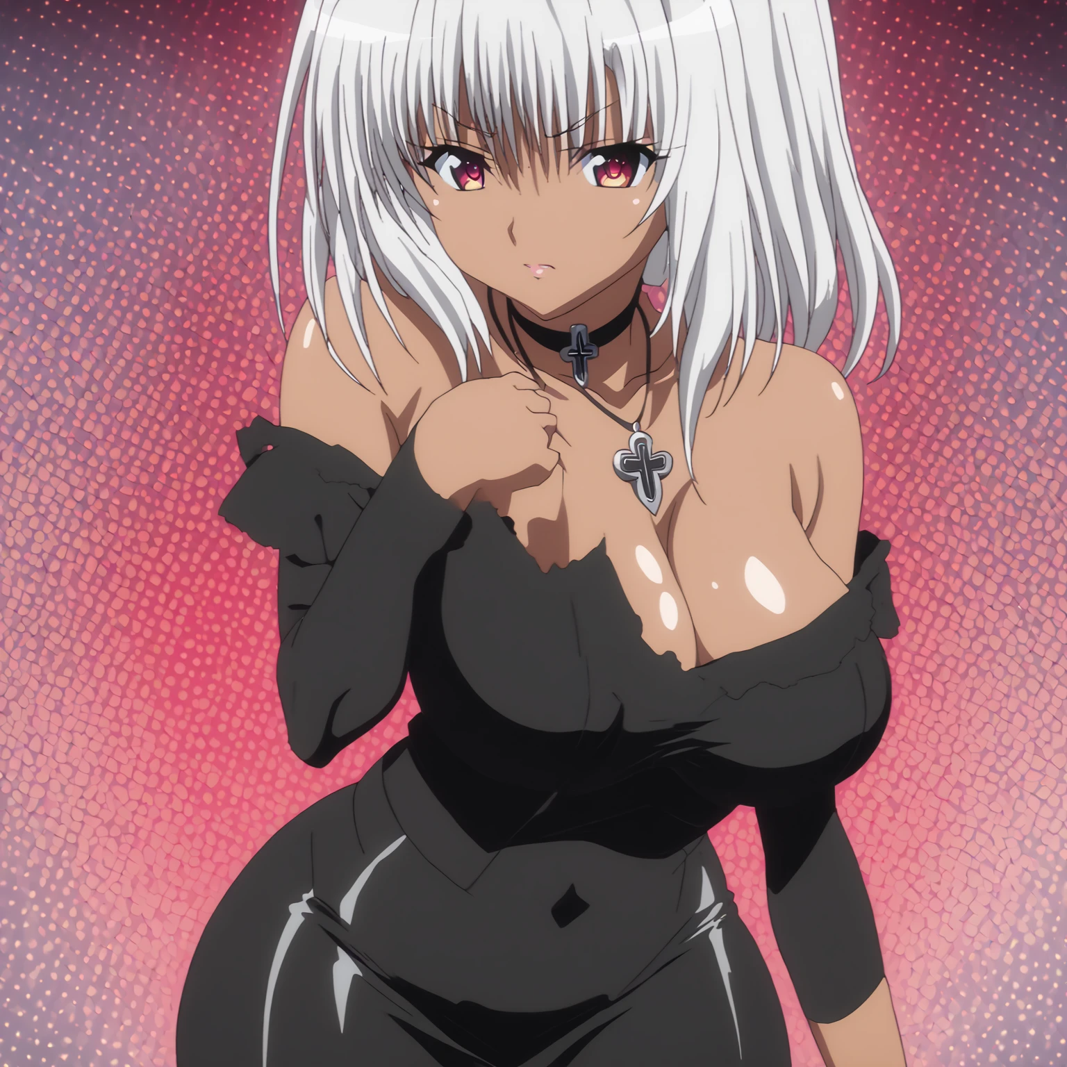 closeup of a female with dark skin, white hair, with a serious expression, wearing a black leather jacket, and a black tube bra, looking at something, at night, HNKstyle, 80's anime,