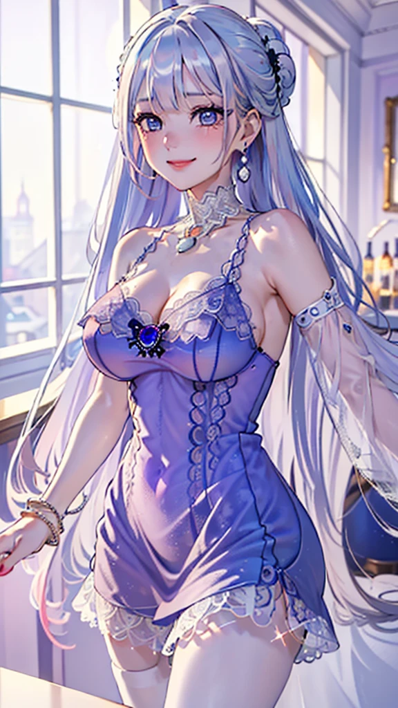 (top-quality、tmasterpiece、Very high resolution、super high image quality、High-quality pixels)、perfect eyes, perfect face, solo，8K, G cup breast，(Detailed description of hair), (Detailed description of face),(Detailed description of body), fair and clear skin, matchless beauty, long legged, facing the audience, professional photographic lighting，blackswan, black swan, hair between eyes, long hair, (purple gradient to yellow eyes:1.2), very long hair, white hair, long and sharp face, mature face，BREAK arm belt, bare shoulders, cleavage, covered navel, dress, elbow gloves, gloves, purple dress, sleeveless, sleeveless dress, veil, black pantyhose, BREAK indoors, hotel room, BREAK (cowboy shot:1.5), ssmile