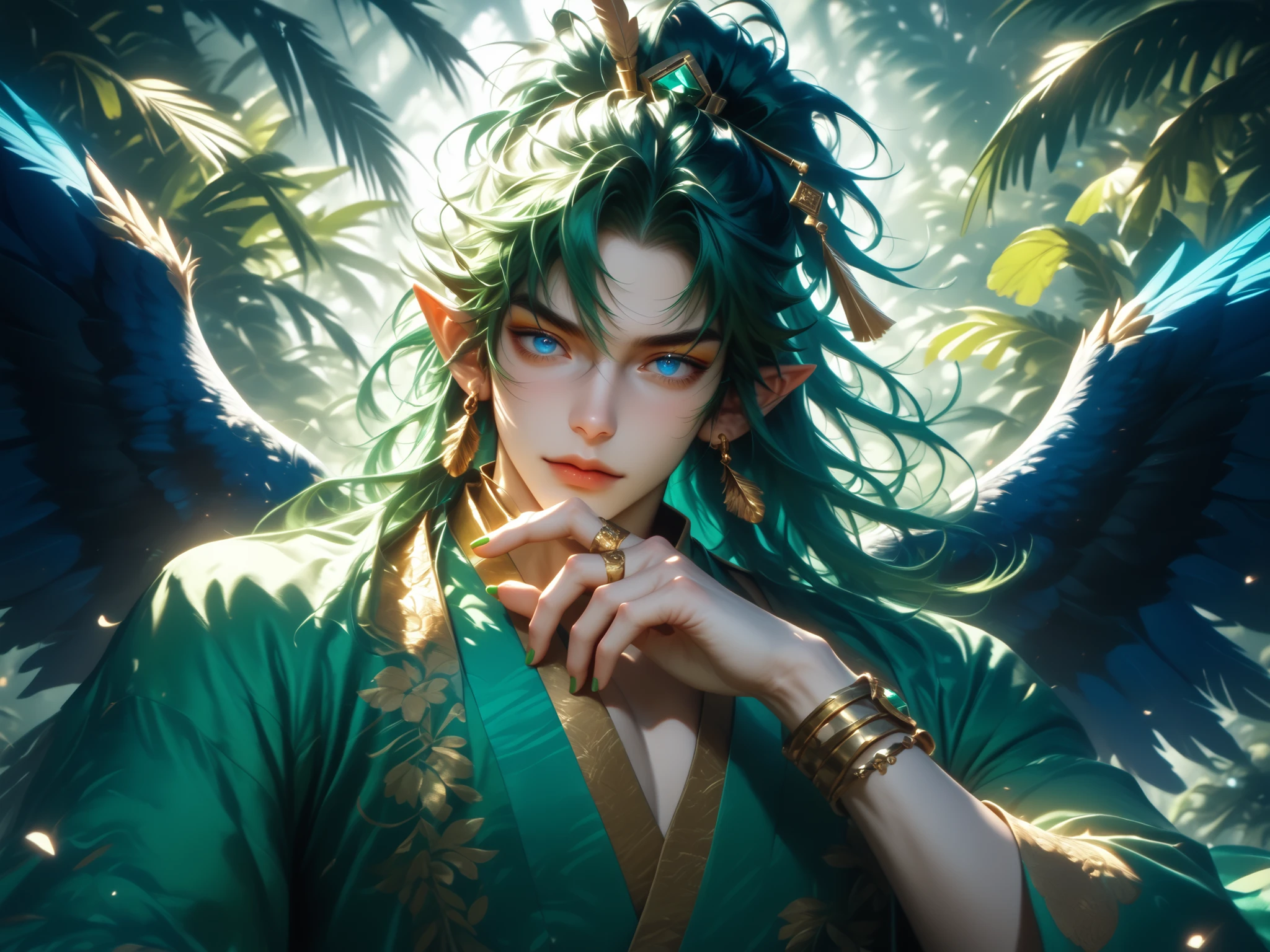 (High quality CT,4K,High resolution,main part:2.3),Very detailed,realistic:1.37,Best quality,masterpiece, high resolution,on_body, Tyndall effect,photorealistic, edge lighting, Two-color backlight,(high definition of skin:2.3), (8K UHD, DSLR quality, soft lighting, high quality, surround lighting, sincere, de 8K , 4k, 8K.) (male character/male bodybuilding) Background: Temples among the jungle. The harpy beastman. The young man has long straight loose green hair combeded to one side, peacock feathers are woven into his hairstyle. violet and blue eyes. pointed ears. He has emerald peacock bird wings and a bright green peacock bird tail. He has gold nails and rings on his fingers. He is dressed in a men's emerald-gold Hanfu robe decorated with embroidery of turquoise and blue feathers. He has a golden fan in his hand.
