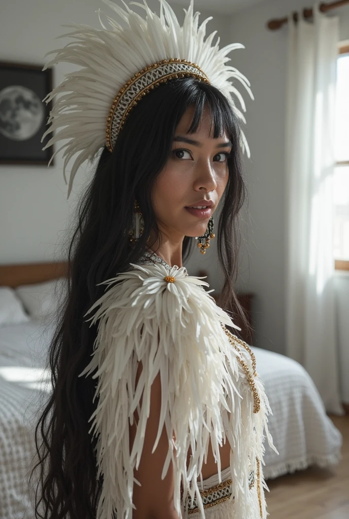 Retro Photography，((The style of Japanese films in the 1990s)), (Extreme details ，Original Photography, best quality), (Exquisite light and shadow, Very dramatic picture, Movie lens effects)，((Reality:1.3))，Feral，Indian woman with wolf skin on her head ，Full body portrait，Perfect body，Long legs