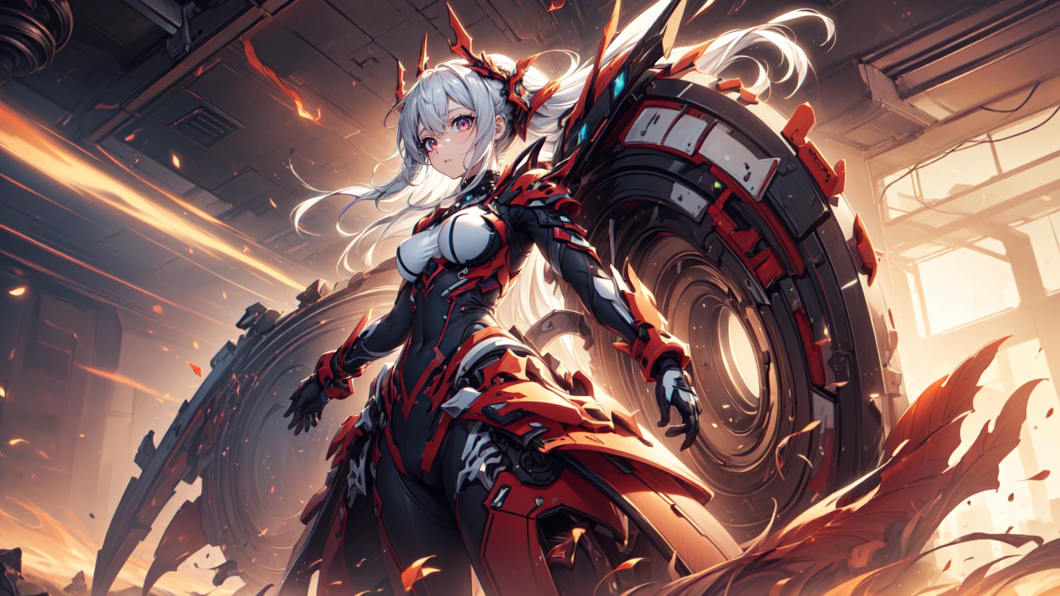 (masterpiece, best quality, expressive eyes, perfect face), (anime), 1girl, fire aura, orange eyes, (symbol eyes, fire eyes), mechanical wings, mechanical armor, (holding a large futuristic cannon), long white hair, 