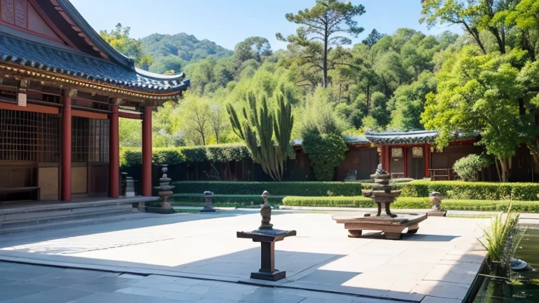 (masterpiece, best quality), best resolution, buddha statue in the middle of a temple pond, buddhist temple courtyard