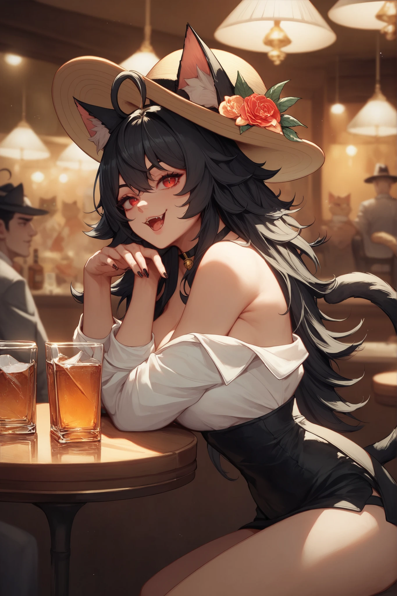 A woman with fox ears and a fox tail wearing a tank top and tight spats eating tacos at a taco shop The cola is on the table Large Breasts Big Ass tall