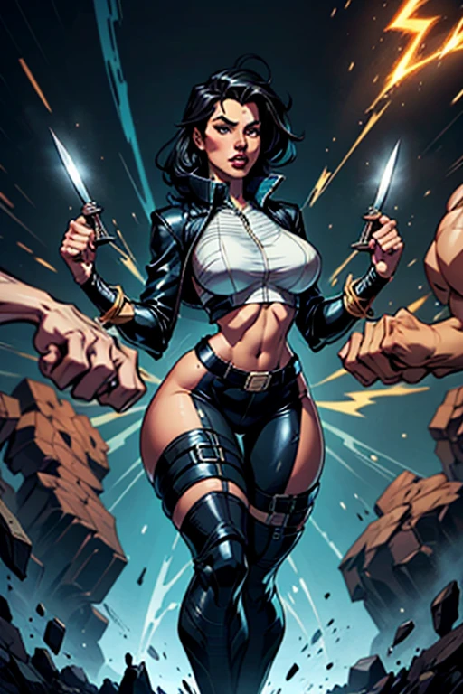 comic book, noir inspired poster with title "(change)". "(white skinned girl with long black hair with a single braid down to her waist, action scene of a fight against a fighter who shoots her arm like a rocket, corpo perfeitoescult,ponto de fuga, perspectiva visao aerea, cinematic angle)". The scene should be in the distinct digital art style of comic book, with.