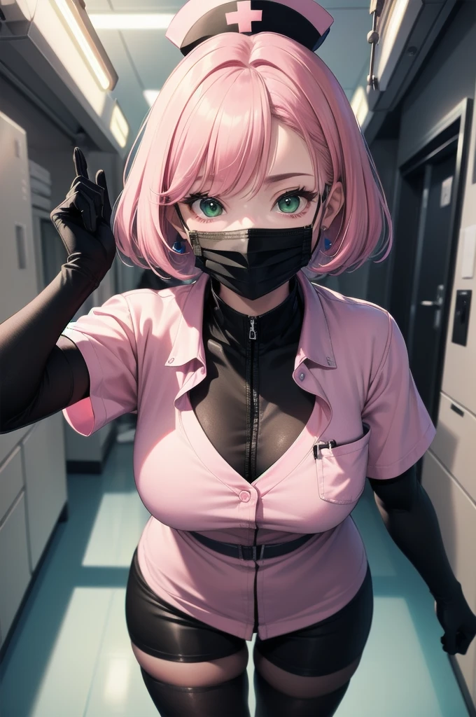 black nurse, 1woman, solo, black nurse cap, black nurse uniform, ((black legwear, zettai ryouiki)), black elbow gloves, pink hair, green eyes, drooping eyes, ((black surgical mask, covered nose)), standing, ((surgery room)), sharp outline, short sleeves, mature female, 32 years old, best quality, masterpiece