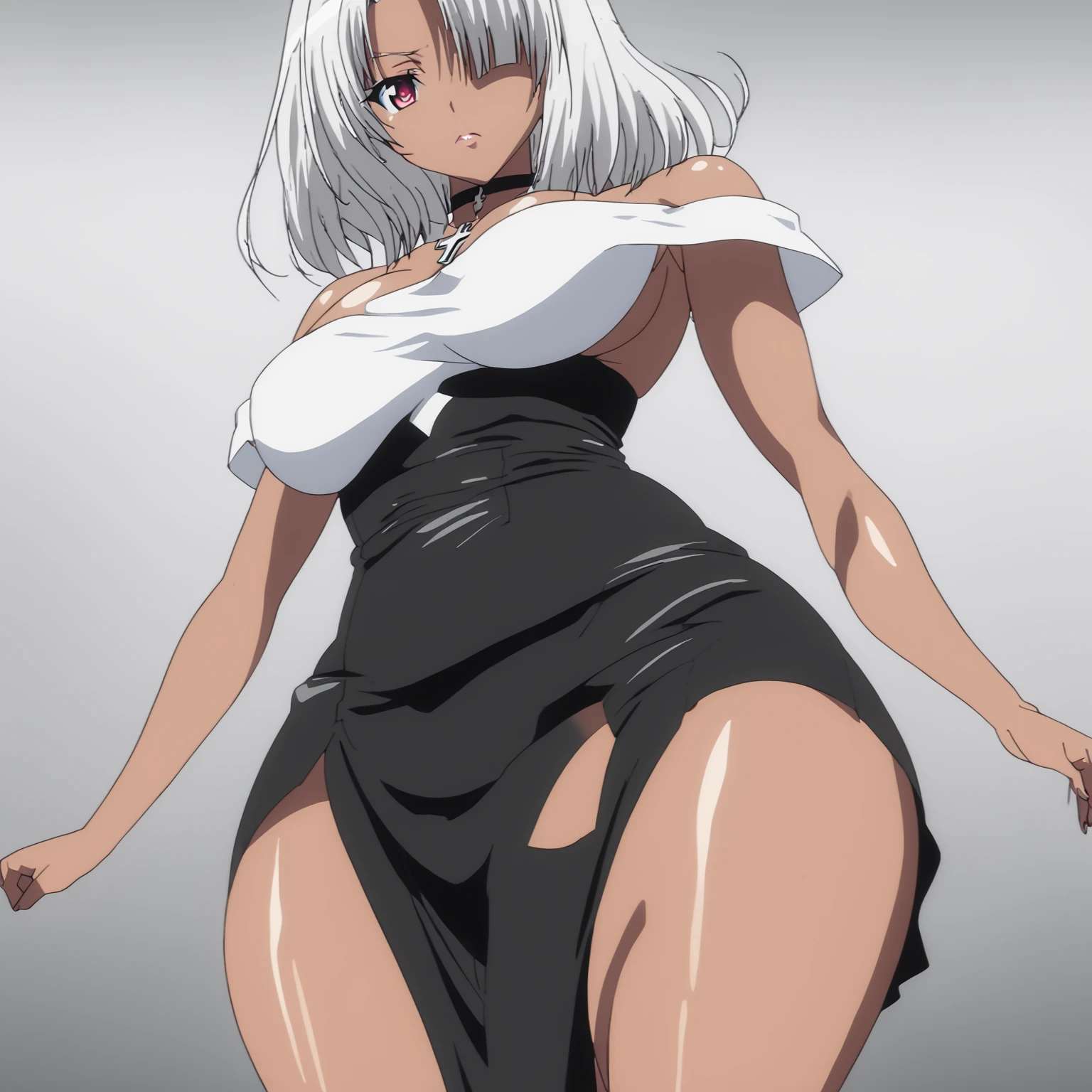 one girl , just one girl , looking at viewer, masterpiece, best quality,Anime - serious face - wearing black night dress - Anime girl - with white long hair - purple eyes - tanned skin - body with feminine curves - perfect curves