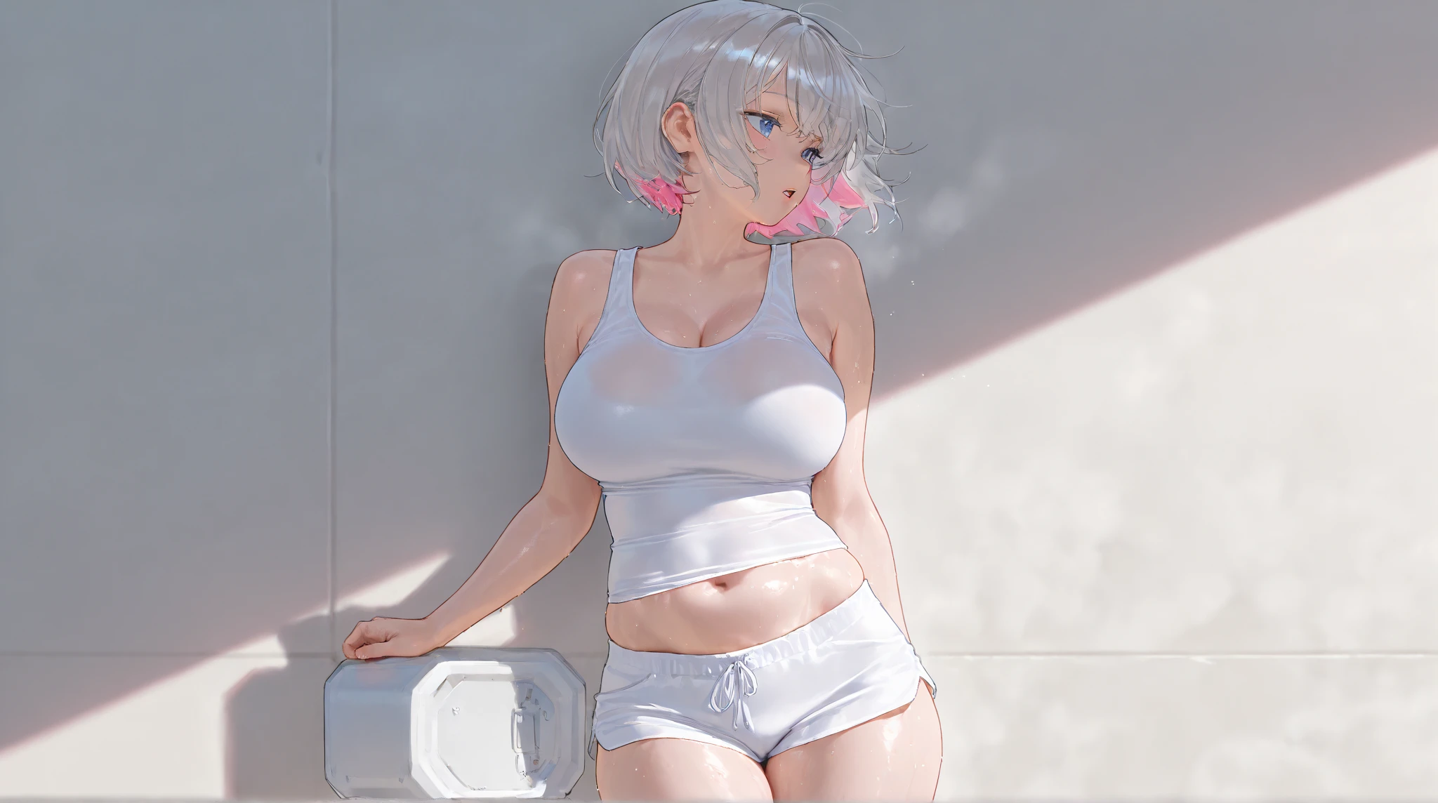 1girl, white hair, purple eyes, bob cut, wavy hair, average breasts, blush, glow, thighs, bare shoulders, collarbone, narrow waist, cleavage, (masterpiece), ahoge,, wet white oversized t-shirt, no pants, see-through, after shower, wet clothes, in bathroom, no bra, no underwear,