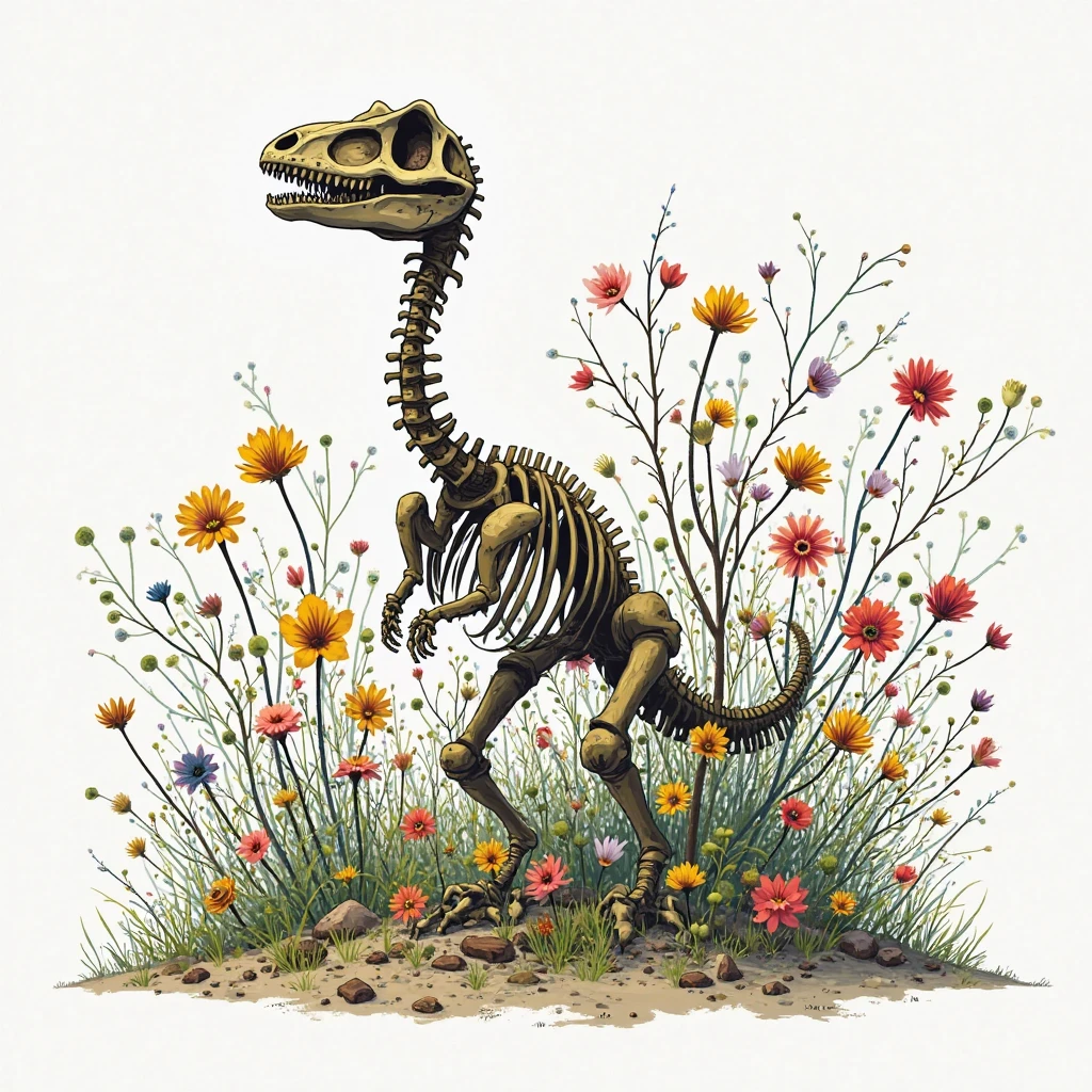 Trex skeleton with broken bones and overgrowth on the bones in hand drawn art style