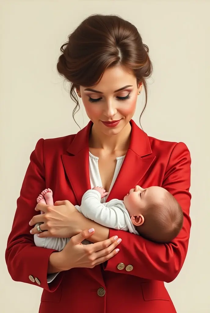 Drawing of a matron in a red suit, brown hair and a  in her arms