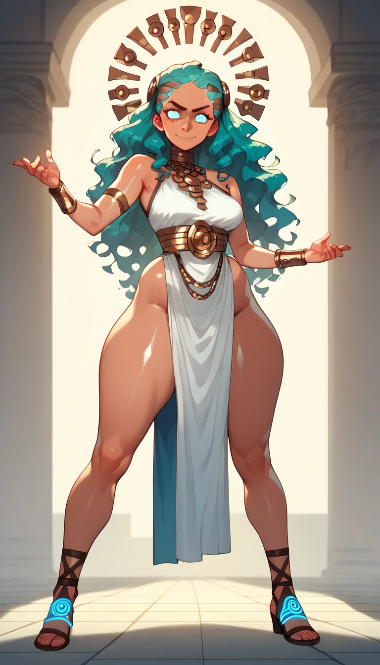 Female figure with blue hair and a crown on her head, deusa. Detalhes extremamente altos, mulheres guerreiras musculosas, knights of zodiac girl, pose mais forte, musculoso!!, musculoso! fantasia, menina musculosa, musculoso!! scientific fiction, obra-prima, portrait knights of zodiac girl, muscular female druid, mulher ultraviolenta musculoso, Commission for High Res, with your abdomen and muscle clearly visible, Pintura realista, por Michael S. Ferreiro, (Big_corpo:1.5),(Big_peitos:1.5),(musculoso_corpo:0.9).