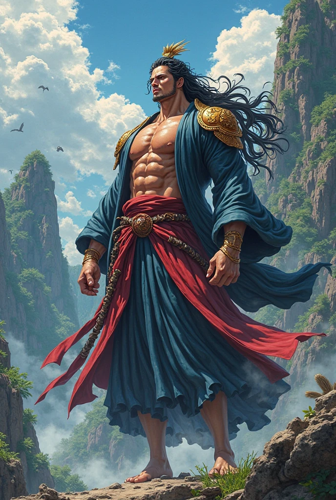 a young man in his twenties, he is froma fantasy world, he is king of water, he is tall and skinny but very athletic, he has long black hair and deep purple eyes, he is real king amazing and brave, strong