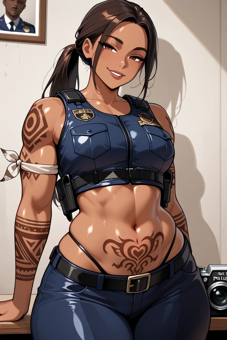 (obra de arte, melhor qualidade) ShevaRE, 1 garota, Sozinho, arma, pistola, luvas, joia, Luvas sem dedos, Handgun, brincos, cabelo curto, That's, tatuagem, coldre, looking back, pele escura, pants, ombro frio, Realista, cabelo preto, mulher de pele escura, bracelete
