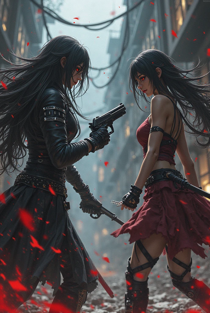 Bravely kill your enemies,grexaggerated movements,Flashy action,Slash and kill enemies,(((Look at the enemy))),does not look at the viewer,{{{Turn your back to the audience}}},(((full bodyesbian))),{{very wide wide shot}},{{From below}},((Dutch angle)),((Perspective)),,((The course of the battle)),Two-player battles,Reflective floor, A masterpiece of mirrored textured flooring, best qualityer, best qualityer,Amazing,((1girll)),combat scene,finedetail,depth of fields,extremely detailed wallpaper CG unity 8k, Masterpiece, full bodyesbian,(Loli),(whaite hair), red streaked hair, Red eyes, (full bodyesbian),red hair, (((with sword))), Angry face,(美丽细致的眼睛), Blood drop,Blood fog, floated hair,light shafts, soft focus, character focus,messy hair,with long bangs, hairs between eyes, view the viewer,lowing hair, Floating, Splashing blood,Long hair,(blood stain)