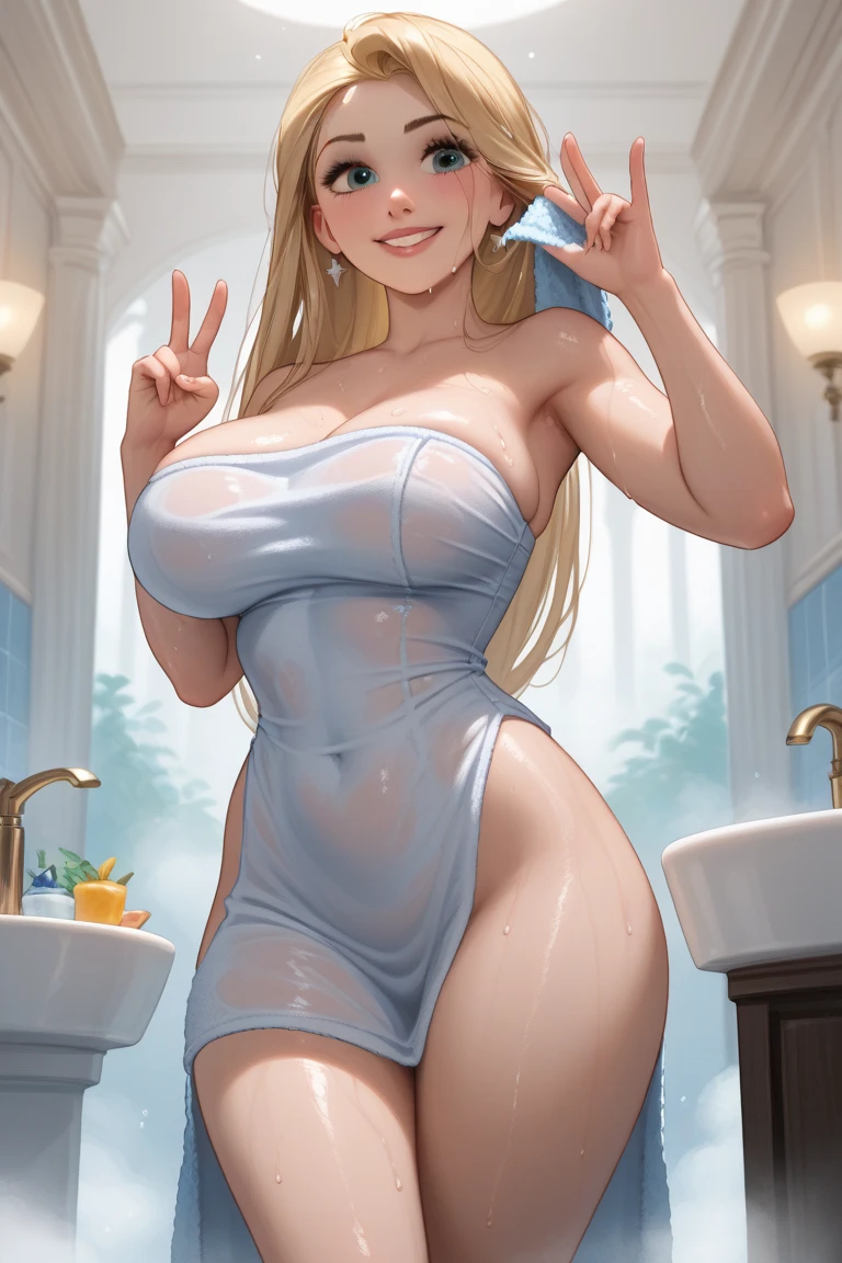 looking at the viewer, thin waist, thick thighs, good, huge breasts, using towel, session, in sauna, vapor, (Masterpiece), (Best Quality:1.2), absurdities, intricate details, (very detailed skin:1.2),