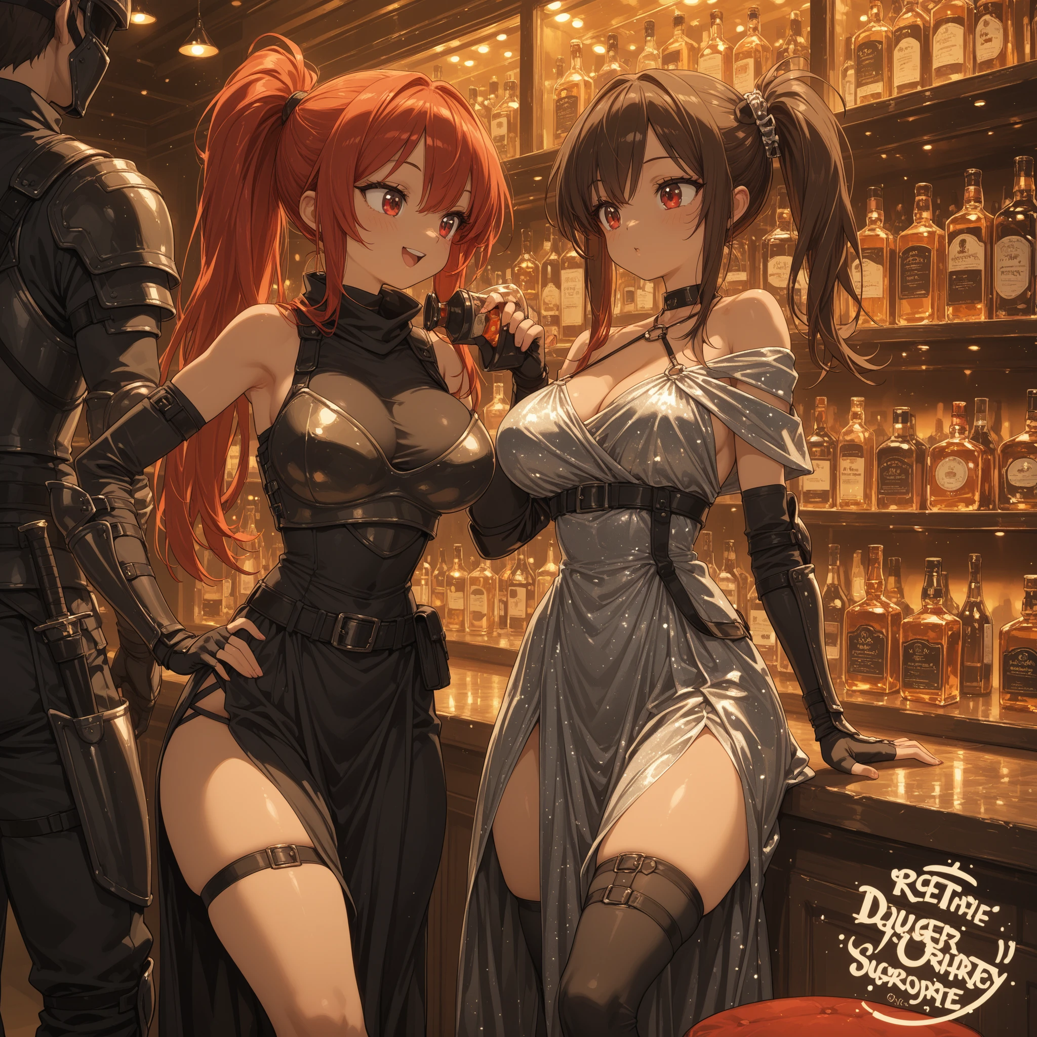 Anime, 1 girl, red hair, short hair, blue eyes, Yellow glowing eyes, The light sparkles beautifully., Beautiful fair skin, Guillotine Cross Set - Ragnarok Online, Sit back and relax., Hand holding a round red glass bottle of water, drink red juice, red nectar (Skull-shaped round bottle), Take it easy, friendly, Magical light