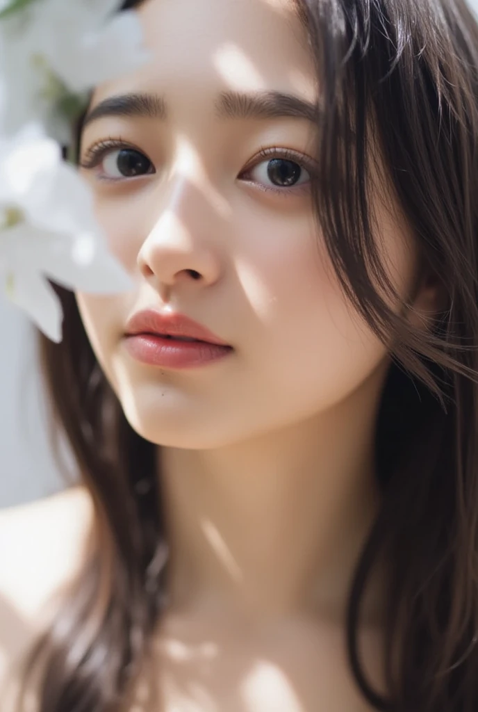(((Full body photo))), backlight, lens flare, (((Super Soft Focus)), smiling, profile, eyes closed and looking up, twilight, showering, hydrangea in the background, surrounded by hydrangeas, soft sunset, (yinchuan:1.5), bust-up photography, masterpiece, best quality, raw photo, photorealistic, face, beautiful girl, cute, short hair, depth of field, high resolution, ultra detail, fine detail, highly detailed, very detailed eyes and face, sharp pupils, realistic pupils, cinematic lighting