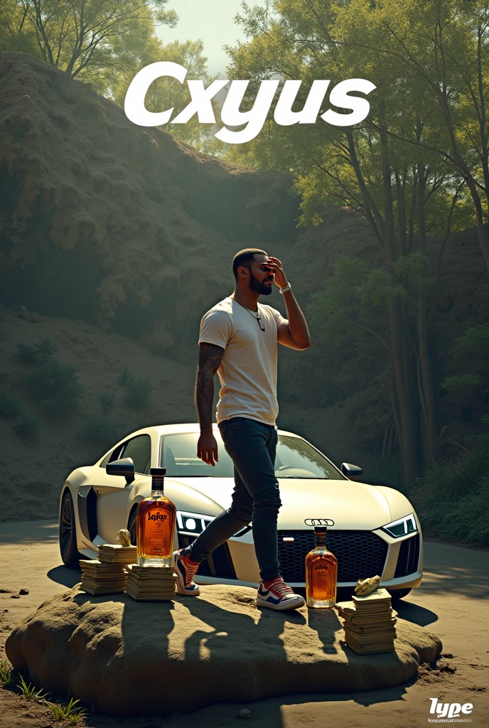 White man with short blonde red hair and a 3 day beard, is a gangster rapper, wears a chain with a cross and Nike shoes and a Nike jogging suit
stands in front of a black Ferrari, to the left and right of him are two pretty women in hot pants, there are lots of colorful euro bills everywhere