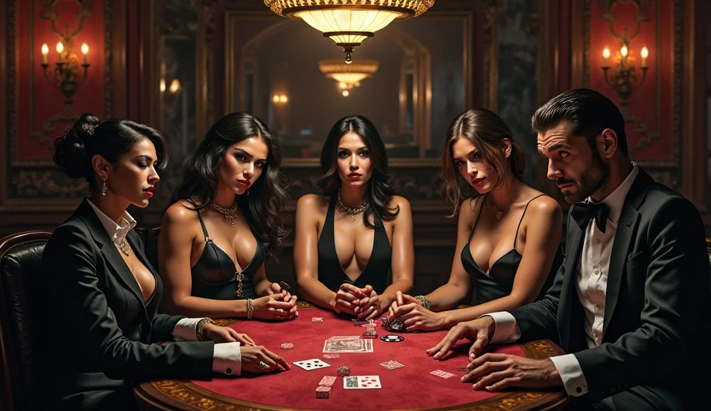 dead men gambling inside a casino , with a beautiful woman with big breasts