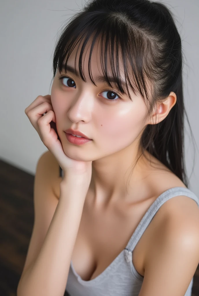 (Photo Real:1.4), (hyper realisitic:1.4), (Smooth lighting:1.05), 1 girl, tank top, (sad:1.4), Close-up of the face, 22 years old, Soft lighting, Back lighting, (cheerfulness:1.2), (Finest Real Textured Skins), Narrow-eyed, Super fine face, Gravure Idol Pose, glowy skin, retinas, Anatomically correct, acurate, Super Detail, Textured skin, High quality, high details, Best Quality, High resolution, bangs