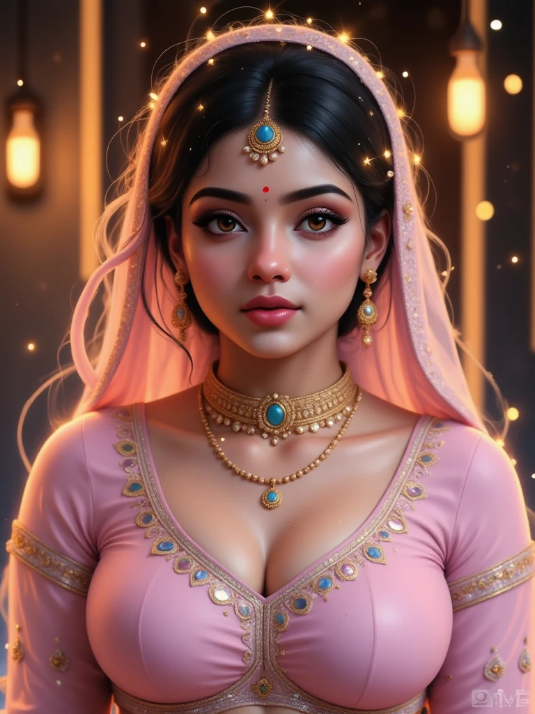 A stunning hyper realistic character portrait of a beautiful indian woman, 28 years old, dusky complexion, expressive hyper detailed eyes, full hyper detailed lips, wavy brown hair, square face, incomprehensible beauty, well set breasts, deep chest, wearing a satin night dress, sensual allure