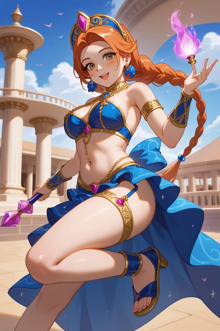 (Masterpiece, Best Quality, High Quality:1.4), professional artwork, well drawn, Intricate Details, field of view,
Nishikino maki, in party, 
Red hair, lipstick, makeup, ultra detail hair, ultra detail face, perfect eyes, perfect face, earring, purple eyes, Looking at Viewer, flirting, arms up, dancing 
Tight short bodysuit, sleeveless, clothes ornament,cleavage and navel cutout, (cameltoe:1.2), presenting her .