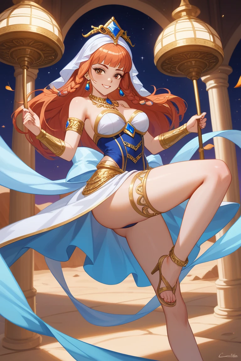 A stunning sun empress stands in the desert, surrounded by cinote and sunbeams. Her eyes, face and skin are intricately detailed, showing her maturity and beauty. Her body is tall and curvy, with perfectly shaped breasts and thighs that draw attention. She wears a golden crown and a halo, signifying her divine status. Golden sparks and lightning emanate from her, creating a dazzling contrast with the orange sky. She is in the middle of a sacred ceremony, but she looks relaxed and happy. She wears a transparent silk robe that reveals her naked body underneath, including her cameltoe. She has red hair with freckles, huge breasts with underboob, and a blend of Bella Hadid and Jourdan Dunn's features. She is speaking and laughing with someone off-screen, enjoying the festival atmosphere. The background shows a detailed castle with realistic shadows and textures. This is a 4K highly detailed digital art, rendered with octane, in 8K resolution. It is a concept art for a fantasy project by Mappa studios, in the style of ligne claire and cool colors. It is a masterpiece of realism and composition, and it is trending on Artstation. It is an official art, an illustration, and a nsfw work.