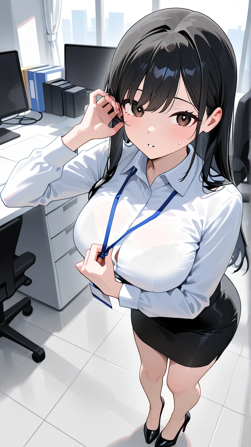 blushing, nose blush, >.< face, embarassed, mature woman, office worker, large breasts,