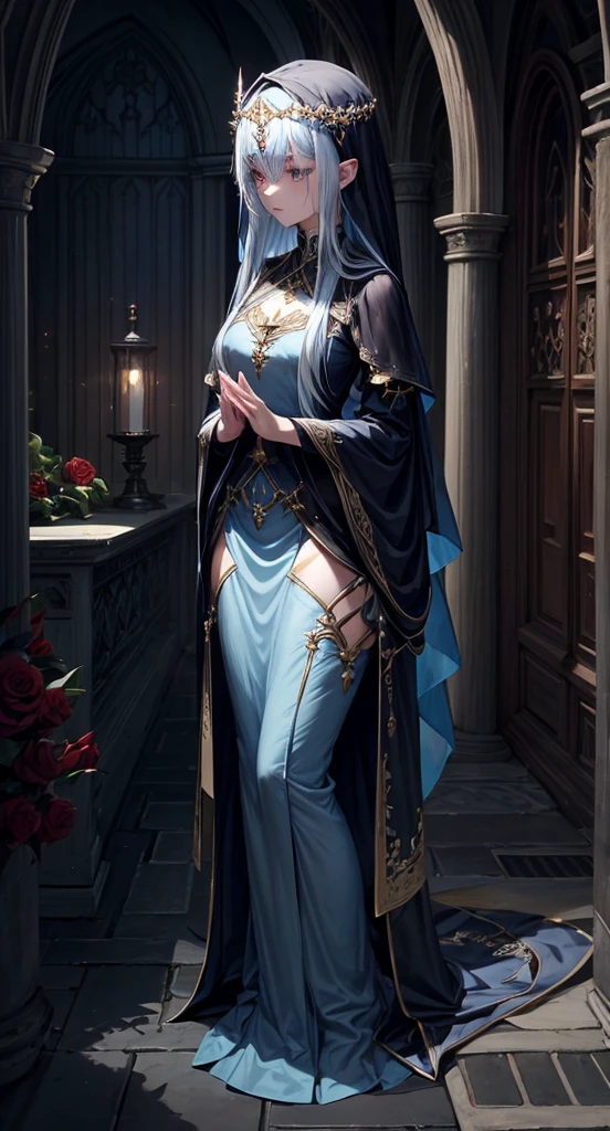 The art depicts a charming woman dressed in a flowing, slim body, wearing hijab, whole body covered by dress, her dress drapes elegantly over her curvy figure. She stood gracefully in the quiet moonlit night, bathed in the soft glow of the moonlight. The scene exudes an ethereal and dreamy atmosphere, with a touch of mystery. The graphic style blends watercolor and digital illustration techniques to evoke a refined beauty and charm. The candlelight is filled with soft moonlight, casting soft highlights and shadows on her charming features