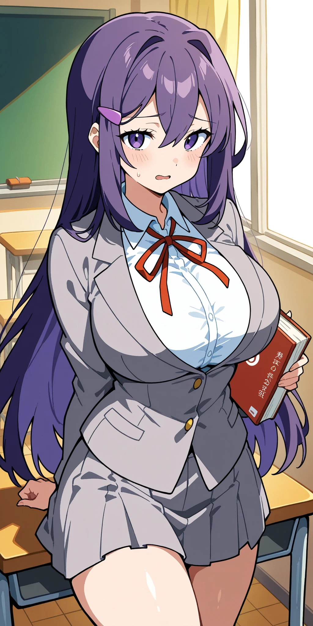 beautiful woman, purple hair, aqua eyes, glowing eyes, freckles, gigantic breasts, cleavage, thin body, extremely long hair, open button-up shirt, 15cm pleated skirt, thigh high socks, high heels, smiling, blushing, ultra detailed, in classroom, eyeglasses
