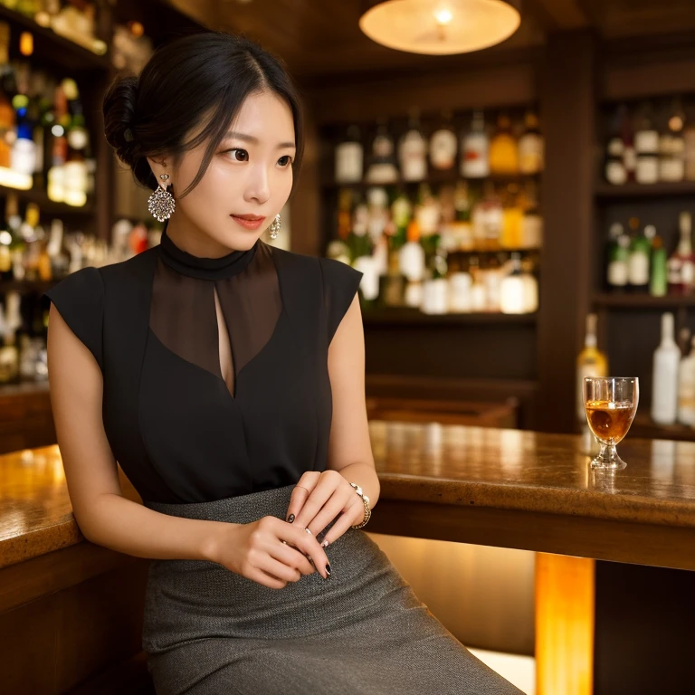 raw photo ,Create a realistic image of a well-dressed woman, sitting at the bar in a brightly lit, upscale establishment. She's smoking a cigarette, lost in thought, her expression one of contemplation or concern. Her attire is elegant and appropriate for a sophisticated setting, possibly including a tailored jacket, blouse, or cocktail dress. The bar itself is adorned with polished wood, gleaming glassware, and bottles of premium liquor. Soft, ambient lighting casts a warm glow, reflecting off the surfaces and creating a mood that contrasts with the woman's pensive state. The details of her clothing, the cigarette, the bar, and the lighting should be rendered with care, capturing the textures, reflections, and shadows that add depth and emotion to the scene,<lora:bakikoba:0.65>