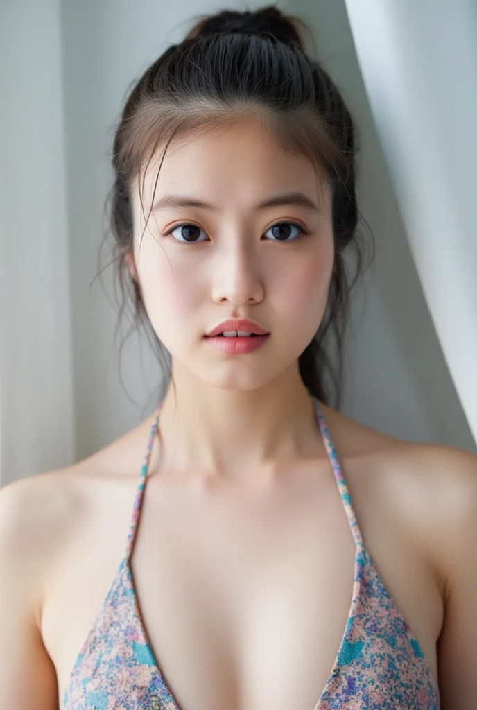 lens: 135mm f1.8,(Highest quality),(Tabletop:1.1), (Beautiful 14 year old Japanese girl),  (Moist lips), Narrow eyes, double eyelid,Delicate clavicle,Flat Chest,Shortcuts,  shame, A faint smile,
(Spotted sunlight:1.2), Dramatic lighting, 
(nude),(Completely naked), (Sunburned skin:0.2),Full body photo、Full Body Focus、Raise your hands