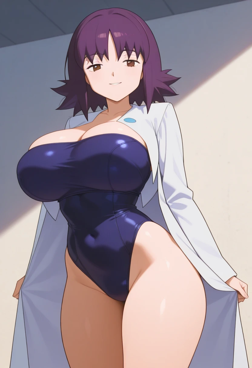 anime cels style, best quality, high resolution, pool,1girl, hitamu_kyan_futokunoguild, purple_hair, bangs, animal_ears, animal_ear_fluff, blunt_bangs, hairband, blue_eyes, long_hair, cat_ears, (huge breasts:1.4), blue competition swimsuit, camel toe, smile, open mouth, looking at viewer, (from below), (from side:0.8)