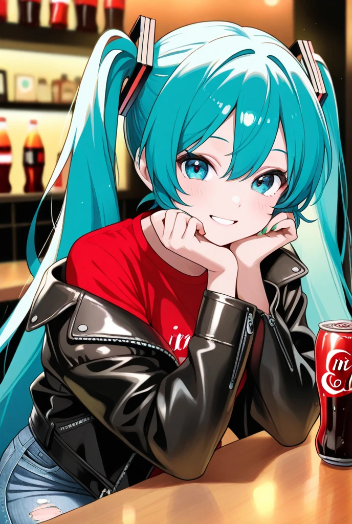 1 girl,Beautiful Girl,cute,smile,VOCALOID,Hatsune Miku,turquoise blue long twin tails,blue eyes,Green nails ,damage jeans,Wearing a red shirt and leather jacket,I'm sitting at the counter at the hideaway bar and drinking Cola