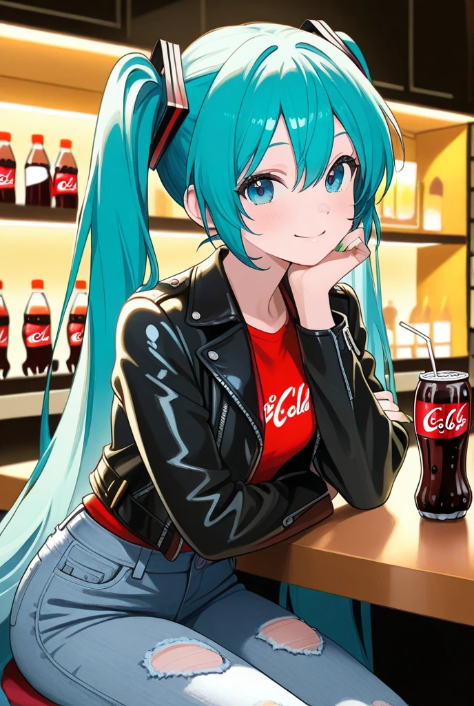 1 girl,Beautiful Girl,cute,smile,VOCALOID,Hatsune Miku,turquoise blue long twin tails,blue eyes,Green nails ,damage jeans,Wearing a red shirt and leather jacket,I'm sitting at the counter at the hideaway bar and drinking Cola