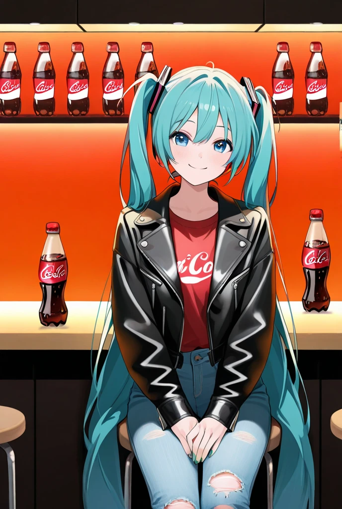 1 girl,Beautiful Girl,cute,smile,VOCALOID,Hatsune Miku,turquoise blue long twin tails,blue eyes,Green nails ,damage jeans,Wearing a red shirt and leather jacket,I'm sitting at the counter at the hideaway bar and drinking Cola