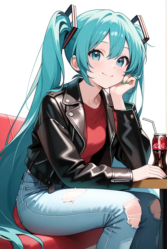 1 girl,Beautiful Girl,cute,smile,VOCALOID,Hatsune Miku,turquoise blue long twin tails,blue eyes,Green nails ,damage jeans,Wearing a red shirt and leather jacket,I'm sitting at the counter at the hideaway bar and drinking Cola