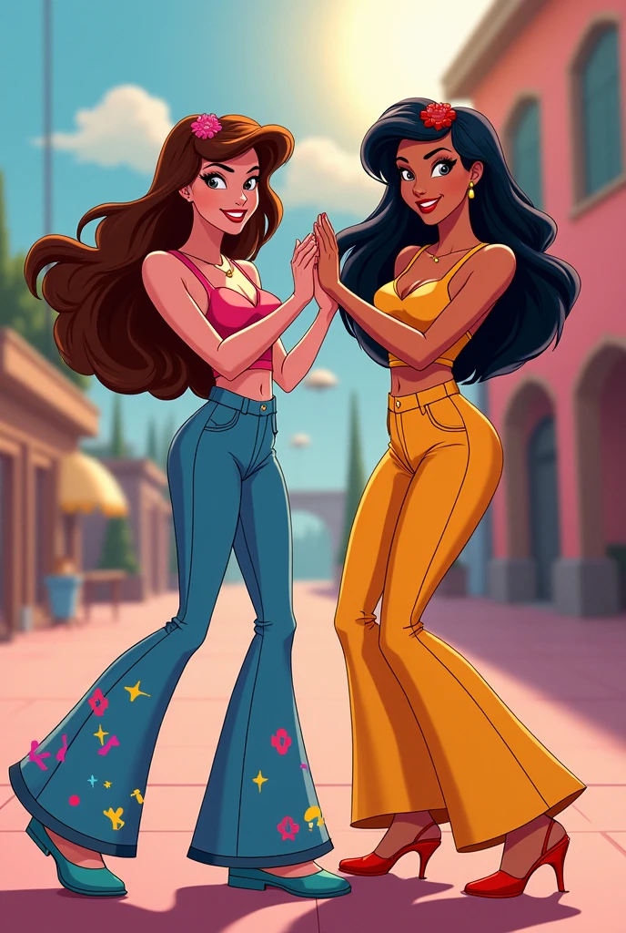 Teen Titans cartoon characters Raven and Starfire wearing wide leg denim daisy dukes shorts, tube tops and platform buckled sandals