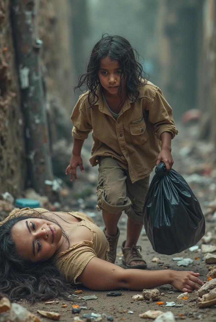 photo taken from the back of a little asian boy, 3 year old, looking at a woman sitting on a ruble with no expression (wearing dark dirty dress with messy hair), walking behind his mother who is holding his hand, while he clutches his teddy bear, on the ruin of a city, sand cloud, heat, hazy, rubles, debris, desaturated, low contrast, cinematic