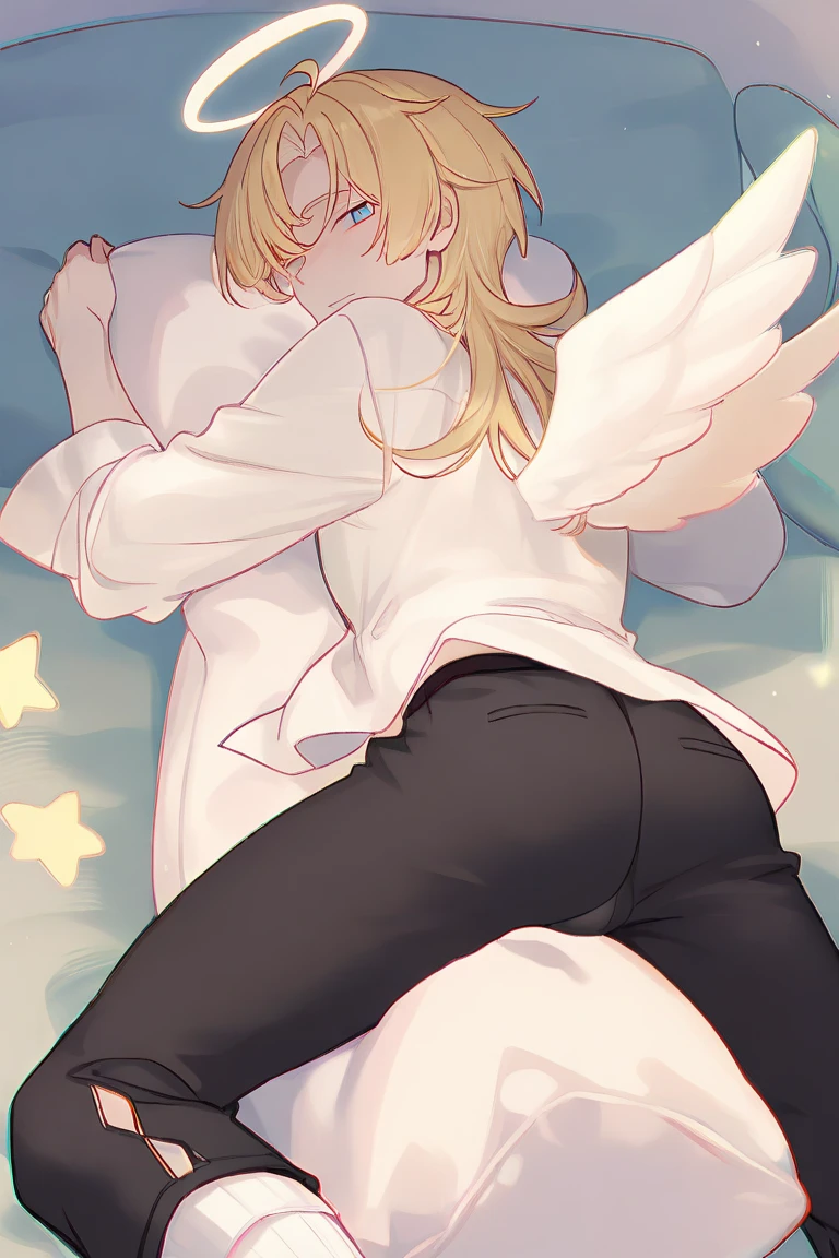 ((flying in the sky)), ((angel, big big white wings:1.3, halo:1.3)), ((sky)), ((())), (((cowboy shot))), archangel Uriel, ((wavy hair, outward curled hair)), evening, Sunset, ((blond hair, bob cut:1.3)), breasts, teenager, (looking at viewer), oversized clothes, puffy long sleeves, collarbone, ((off-shoulder sweater:1.3, Quite thick shoulder straps)), ((white sweater)), collarbone, head tilt:1.3, (((blue eyes))), ((happy smile)), (((anime style))), (best quality, 4K, 8K, highres, masterpiece:1.2, ultra-detailed, ultra-detailed eyes, HDR, uhd, studio lighting, ultra-fine painting, sharp focus, physically-based rendering, extreme detail description, professional, vivid colors, bokeh)