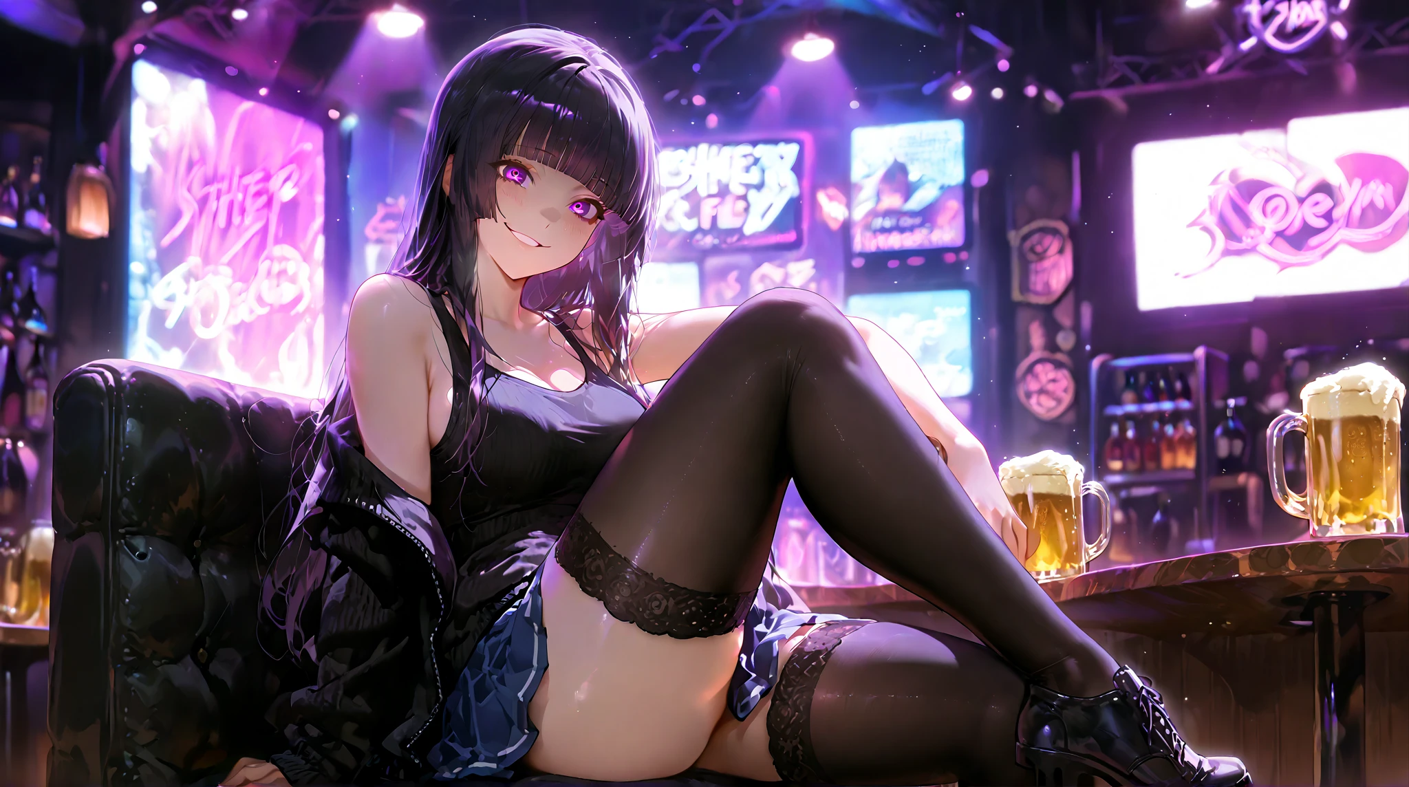 Highest quality,Highest Resolution,Beautiful smiling girl in light purple underwear in お風呂 at night,Black hair ponytail,Very beautiful eyes,(((Drink a drink))),Knee-high stockings,Sweat profusely,Super High Leg,sexy lingerie,Tback,Outside the window is a night view,