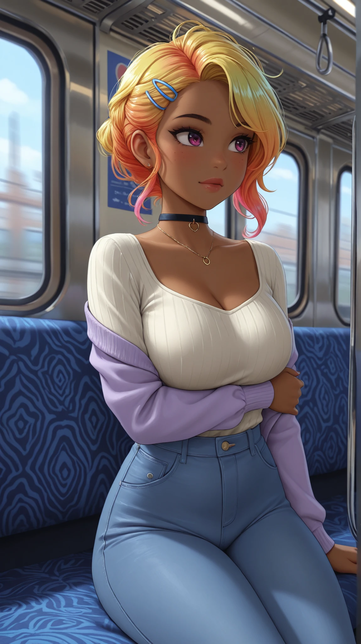 female, vibrant hair, gal, high detail, 4k, real skin, hair clips, wearing a fancy neck chocker, on the train, wearing something slutty,